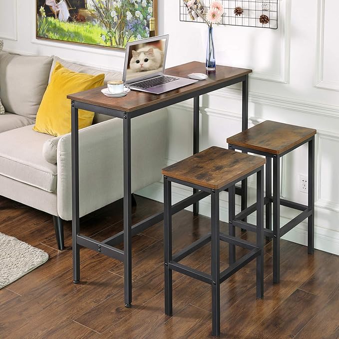 VASAGLE Bar Table, Narrow Long Kitchen Dining Table, Sturdy Metal Frame, Industrial, 15.7 x 39.4 x 35.4 Inches, Rustic Brown and Ink Black ULBT10X