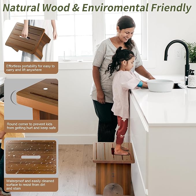 Wooden Step Stool for Adults, 9" Portable Wood Step Stool for Kids, Heavy Duty One Step Bedside Stool with 550 Lbs Load Capacity, Non-Slip White Foot Stool for Kitchen Bathroom Bedroom
