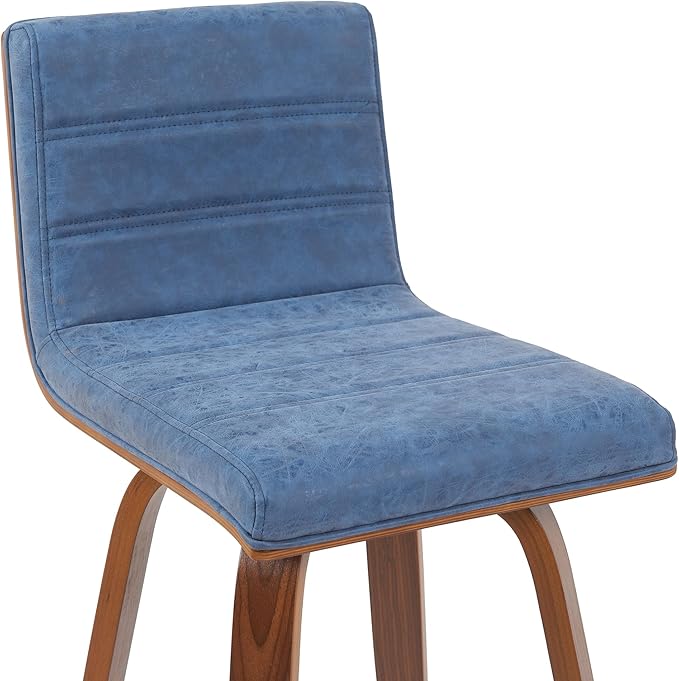 Armen Living Vienna Modern Swivel 30" Bar Height Barstool with Vintage Blue Faux Leather and Walnut Wood Finish
