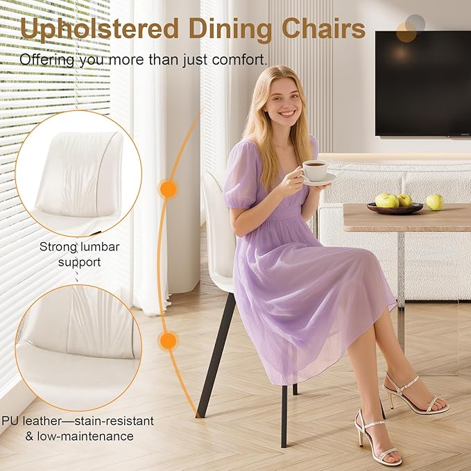 Upholstered Dining Chairs Set of 2, Modern Kitchen & Dining Room Chairs, Faux Leather, Sturdy Metal Legs, for Living Room, Cafe & Restaurant- White