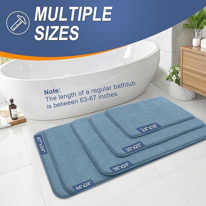 OLANLY Thick Memory Foam Bath Mat Rug 59x20, Extra Soft Absorbent Bathroom Rug, Quick Dry Bath Mats, Non-Slip, Machine Washable Carpet for Bathroom, Tub and Shower, Home Decor Accessories, Airy Blue