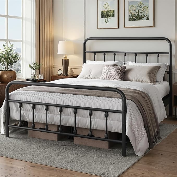 Queen Bed Frame-Classic Metal Platform Bed Frame Mattress Foundation with Victorian Style Iron-Art Headboard/Footboard/Storage Space/No Box Spring Needed/Black
