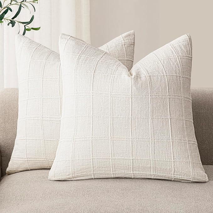 Foindtower Set of 2 Decorative Linen Check Throw Pillow Covers Neutral Farmhouse Vintage Cushion Covers Modern Boho Home Decor for Sofa Chair Couch Bedroom Living Room Outdoor,16×16 Inch,Cream White