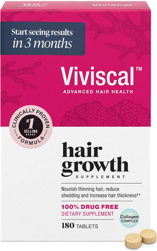 Viviscal Hair Growth Supplements for Women, Thicker Fuller Hair Support for Thinning Hair and Hair Loss, with Biotin and Marine Collagen, Drug-Free, 180 Tablets, 90-Day Supply