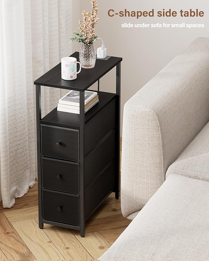 TUTOTAK Narrow Night Stand with Charging Station, Slim End Table with Plugins, Tall Side Table with 3 Fabric Drawer, Small Bedside Table with Storage, Set of 2, Living Room, Bedroom, Black TB01BK073