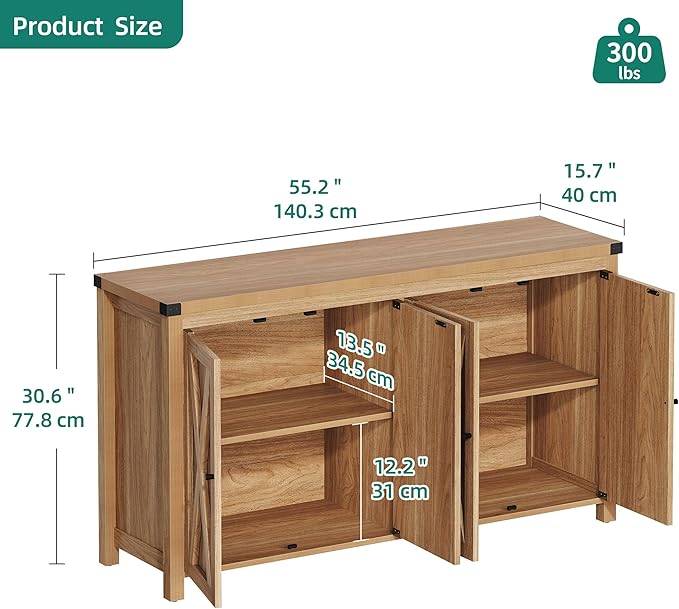 YITAHOME 55'' Sideboard Buffet Cabinet with Storage, Farmhouse Large Coffee Bar Cabinet with Adjustable Shelf for Kitchen, Living Room, Oak