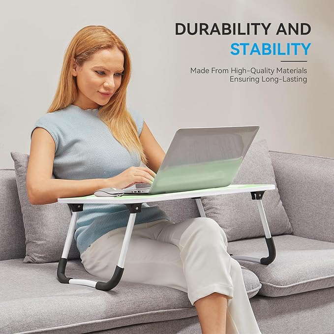 BUYIFY Folding Lap Desk, 23 Inch Portable Wood Green Laptop Bed Desk Lap Desk with Cup Holder, for Working Reading Writing, Eating, Watching Movies for Bed Sofa Couch Floor
