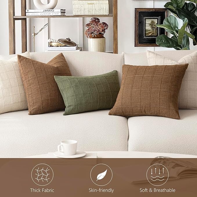 Foindtower Set of 2 Decorative Linen Check Throw Pillow Covers Neutral Farmhouse Vintage Cushion Covers Modern Boho Home Decor for Sofa Chair Couch Bedroom Living Room Outdoor,16×16 Inch,Brown Hazel