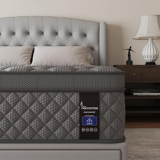 King Mattress, 12 Inch Hybrid Mattresses Grey Medium Firm Euro Top for Back & Lumbar Support, 100 Night Trial, Individual Pocket Spring for Motion Isolation & Pressure Relief