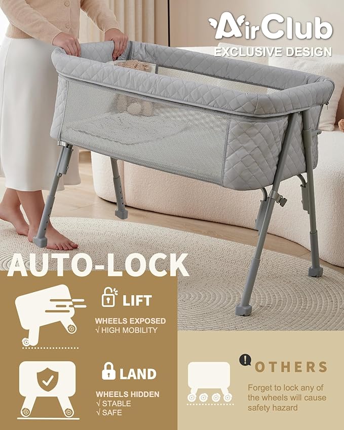 AirClub Bassinet Bedside Sleeper, Baby Crib for Newborn, Baby Bassinets Bedside Sleeper with 4 Auto-Lock & Adjustable Height, Breathable Mesh & Mattress, Bedside Bassinet