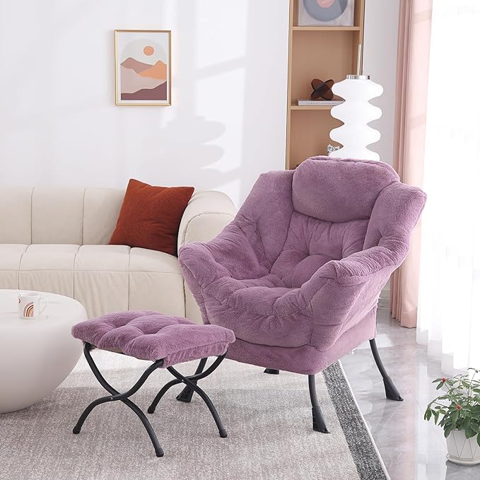 Lazy Chair with Folding Ottoman, Modern Accent Lounge Armchair with Armrests and a Side Pocket & Foldable Footstool, Leisure Reading Chair for Living Room, Bedroom, Dorm & Office, Plush Purpl