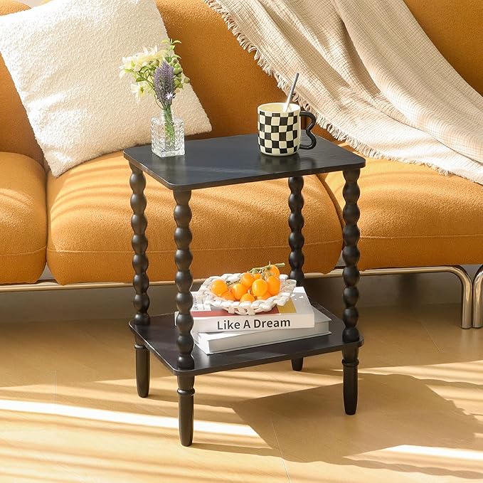 Black Side Table, Small End Table with 2-Tier Shelf, Vintage Night Stand with Storage for Bedroom Living Room, Small Spaces (Black)