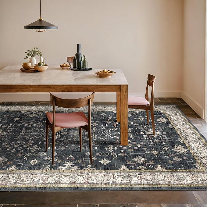 Black Farmhouse Washable 7x10 Area Rugs for Living Room, Bedroom, Dining Room Table, Dark Charcoal Stain Resistant Non-Slip Large Washable