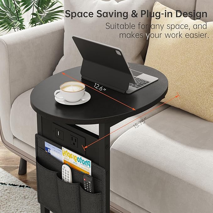Vagusicc C Shaped End Table with Charging Station, Small Side Table for Couch, TV Tray Slide Under Sofa Table for Living Room Bedroom, Round Couch Side Table C Table for Sofa, Black