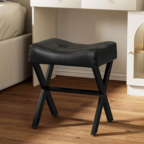 18-Inch Leather Vanity Stool Chair, Vanity Bench with Metal X-Leg, Ottoman Foot Stool with Thick Padded Saddle Seat, Black