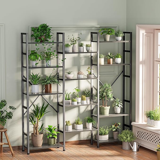 SUPERJARE Triple 5 Tier Bookshelf, Bookcase with 14 Open Display Shelves, Wide Book Shelf Book Case for Home & Office, Grey