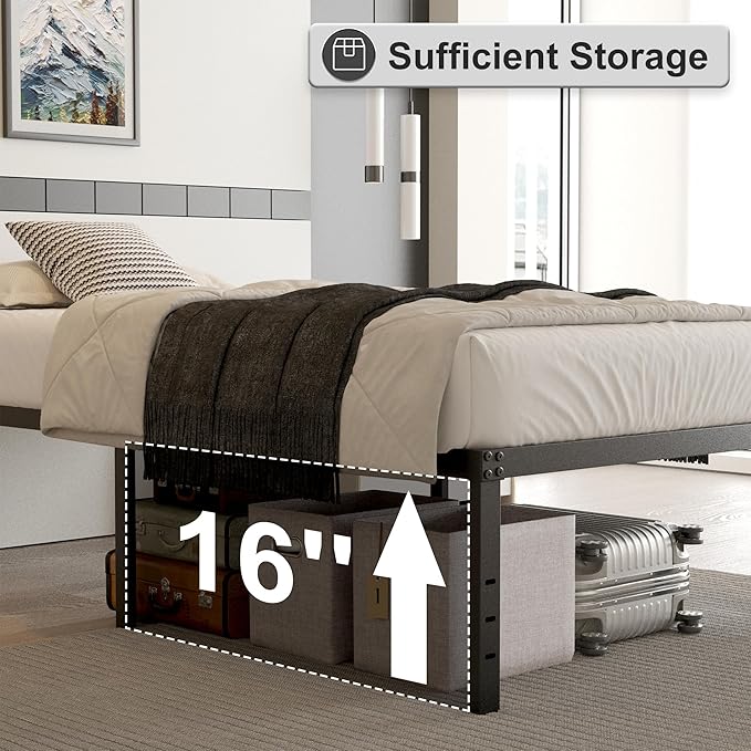 18 Inch King Size Bed Frame with Black Bed Cover, Metal King Size Platform Bed Frame No Box Spring Needed, Heavy Duty Mattress Foundation, Easy Assembly, Noise Free