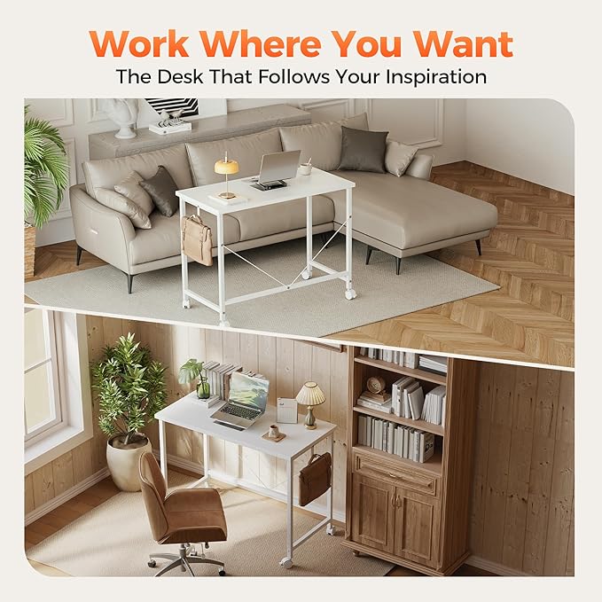 Rolling Computer Desk with Wheels, Gaming Desk for Small Spaces, Modern Simple Style Table for Home Office, Study Writing Table (Caster, Oak, 48 inch)