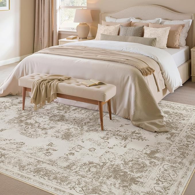 5x7 Washable Area Rug Brown Neutral Carpet for Living Room Bedroom Distressed Vintage Low Pile Soft Non-Slip Lightweight Vacuumable Throw Rug for Dining Room Office Kitchen Dorm