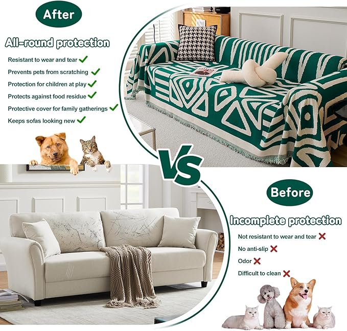 HANDONTIME Couch Cover Boho Sofa Covers Washable Forest Green Dog Covers for Couches Reversible Couch Blanket Cover Geometric Armchair Covers Dark Green, 71" X71"
