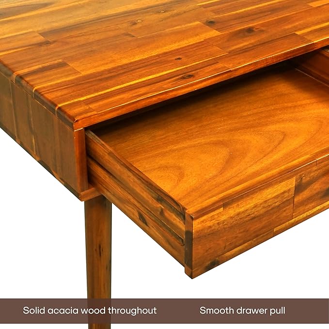 Acacia Lagom 48" Solid Wood Work Desk with Drawers, Office Furniture, Scandinavian Style Work Table for Home Office (Caramel)