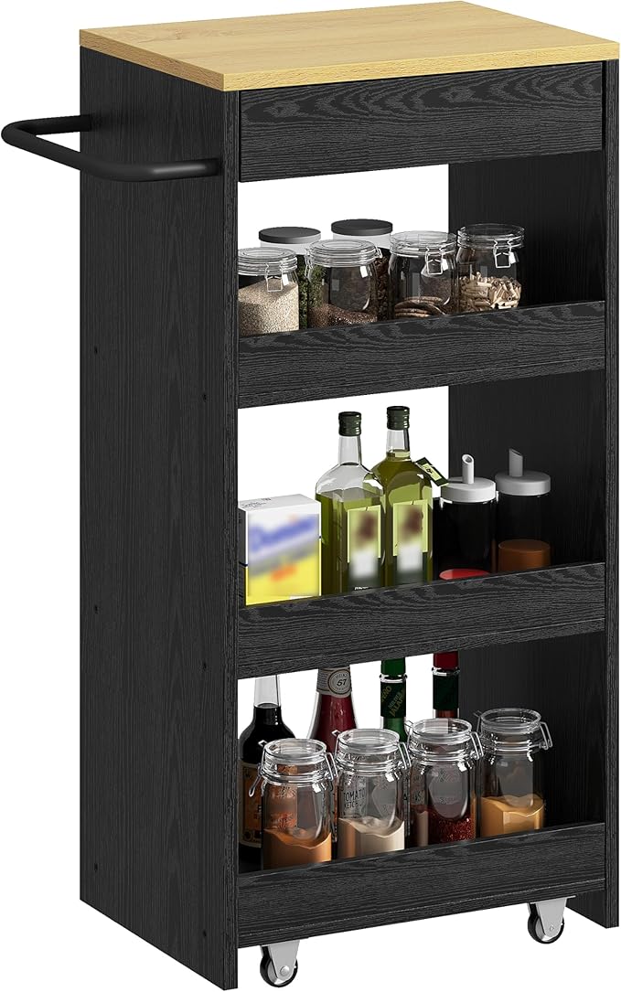 IRONCK Wood Storage Cart, 4 Tier Rolling Kitchen Cart on Wheels, Slide Out Utility Cart, Organizer Trolley with Handle, Drawer for Kitchen, Laundry, Bathroom, Black