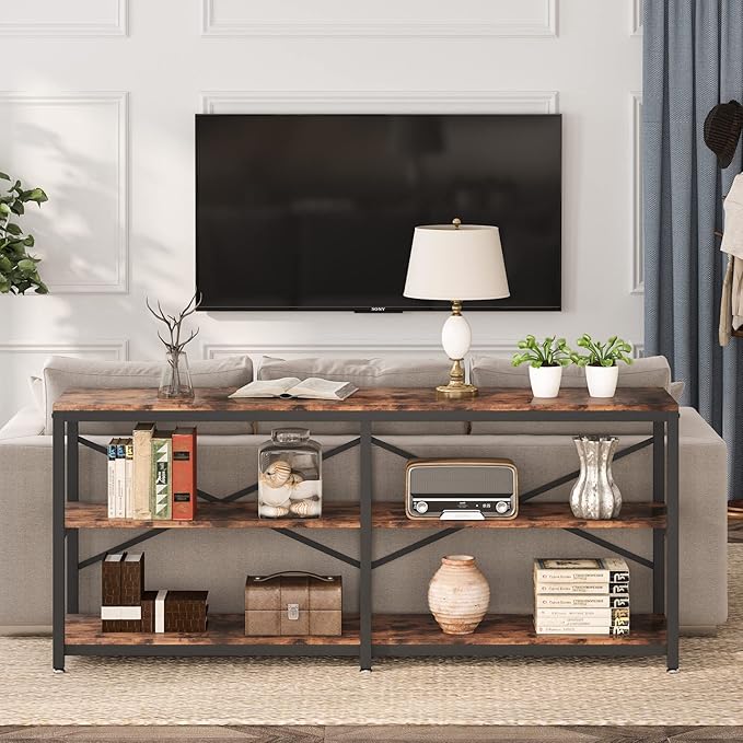 Tribesigns 70.9 Inch Extra Long Console Table, Modern Sofa Table Behind Couch Table with Storage Shelves, 3-Tier Industrial Hallway Entryway Table for Living Room, 3 Shelf Bookshelf(Brown)