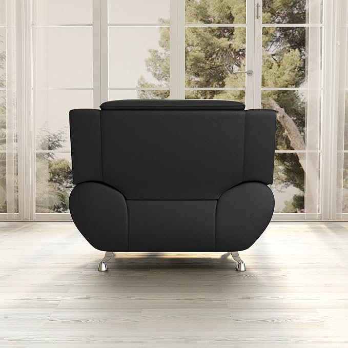 Container Furniture Direct Michael Modern Faux Leather Upholstered Stainless Steel Legs Living Room Sofa, Chair, Black