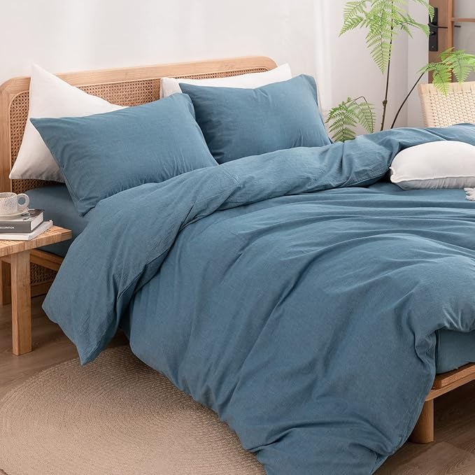 BESTOUCH Duvet Cover Set 100% Washed Cotton Linen Feel Super Soft Comfortable Chic Lightweight 3 PCs Home Bedding Set Solid Dark Blue King