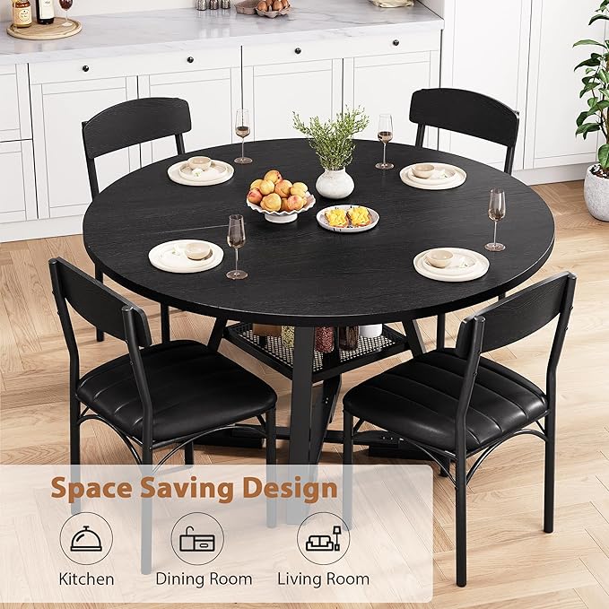 Round Dining Table Set for 4, Kitchen Table and Chairs for 4, Circle Table Round Pedestal Dining Room Dinner Dinette Table Set,5 Piece Space Saving Wood Kitchen & Dining Room Tables (Black, 47In)