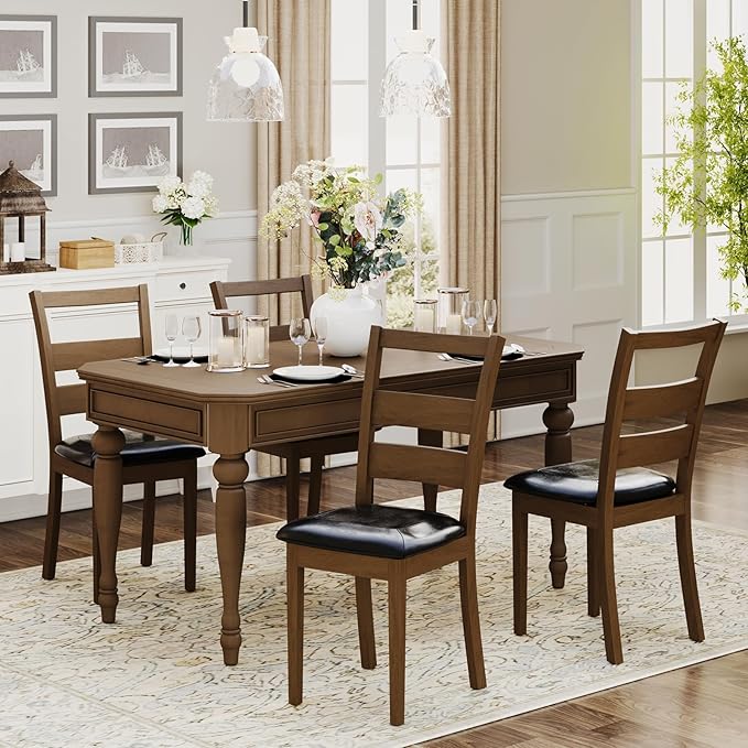 COLAMY Farmhouse Dining Chairs Set of 4, Upholstered Kitchen Chairs with Ladder Back, Modern Wood Side Dining Room Chairs with Wooden Legs for Rustic Restaurant, Dark Brown