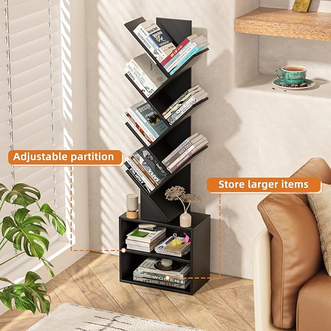 10 Tier Tree Bookshelf,Floor Standing Wood Tall Bookcase for Narrow Space, Storage Organizer Bookshelves for Books, Book Case for CDs/Movies/Books,Home Office,Living Room, Bedroom