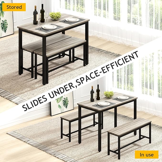Rovibek Dining Table Set for 4 with 2 Benches – Space-Saving Kitchen Table Set for Kitchen & Dining Room, Grey