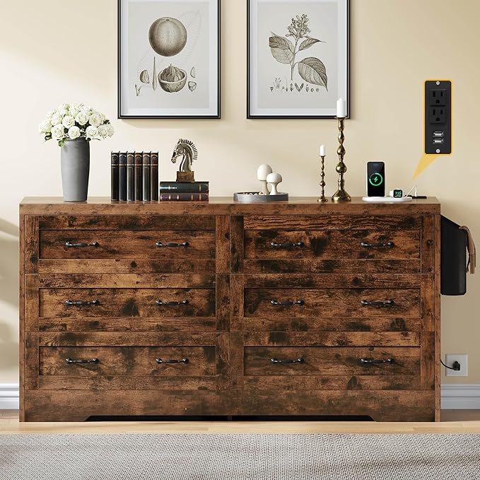 YITAHOME Rustic Brown Drawers TV Stand for 65 inches with Power Outlets -Chest of Drawers Dresser with Side Organizer Bag Entertainment Center TV Console