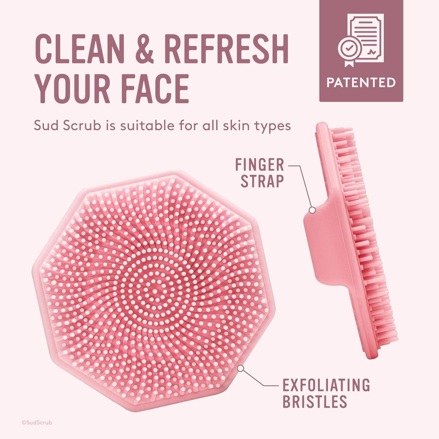 Sud Scrub® Antimicrobial Silicone Face Scrubber, 1 Pack, Gentle Face Exfoliator for Sensitive Skin, Eco Friendly Facial Cleansing Brush, Exfoliating Face Brush for Men and Women (Pink)