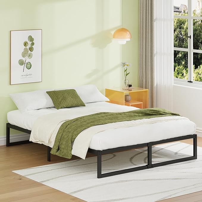 EMODA 12 Inch Queen Bed Frame No Box Spring Needed Heavy Duty Metal Platform BedFrame Queen Size with Steel Slats, Easy Assembly, Black