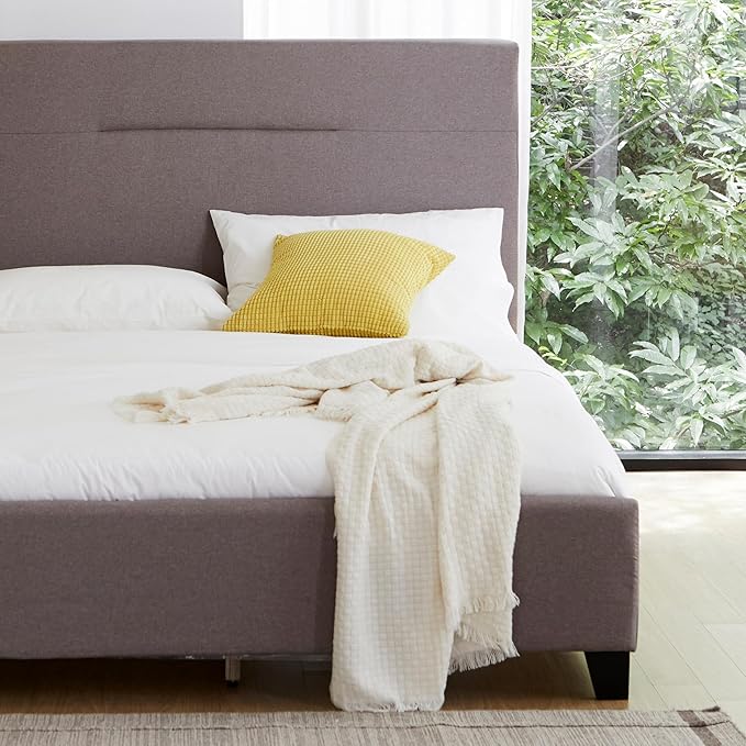 Livinia Amelia Twin Size Platform Bed, Fabric Upholstered Twin Bed Frame with Height Adjustable Headboard Footboard, Strong Wood Slats, No Box Spring Needed, Brown