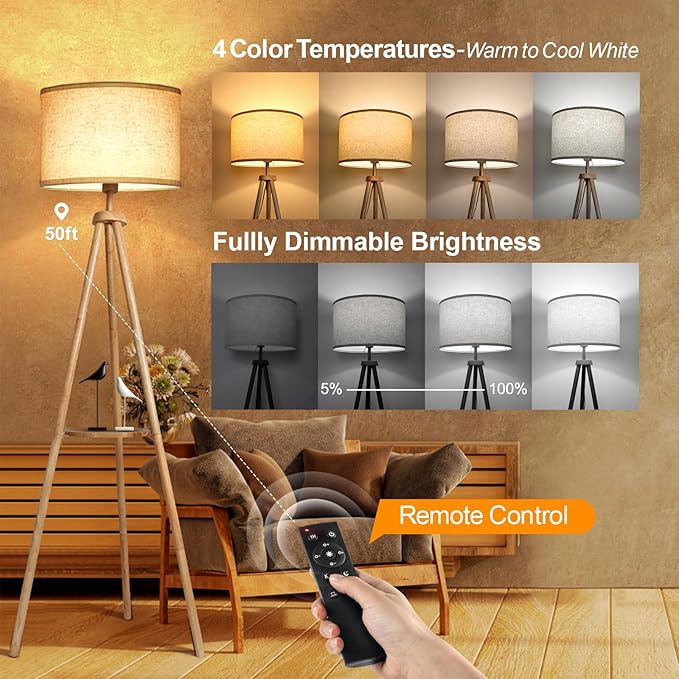 OUTON Tripod Floor Lamp with Shelves, Mid Century Dimmable Wood Floor Lamp with Remote Control, 4 Color Temperatures, Standing Tall Lamp with Linen Shade for Living Room, Bedroom, Office, Oak Hardwood