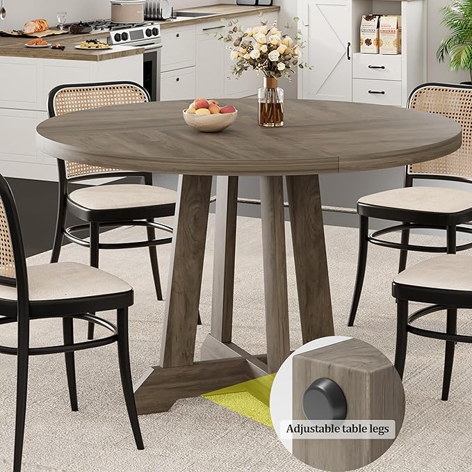 Dining Table for 4 to 6 People, 47 Inch Round Dining Table, Wooden Kitchen Table with Sturty Legs, Dining Room Table for Dining Room, Kitchen, Grey