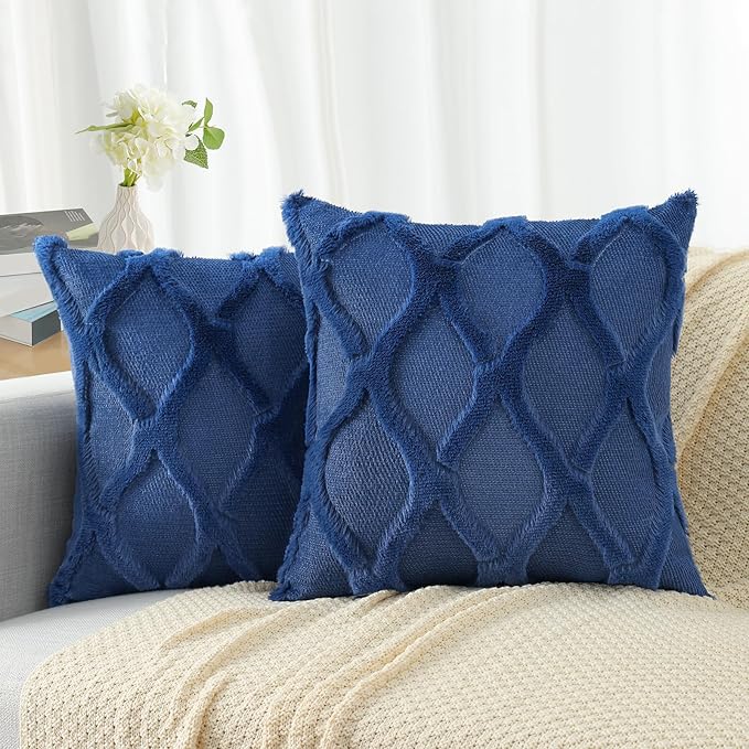 decorUhome Throw Pillow Covers 24x24 Inch Set of 2, Soft Plush Faux Fur Wool Dark Blue Couch Pillow Covers, Decorative Neutral Pillow Cases for Bed Sofa Living Room Home Decor