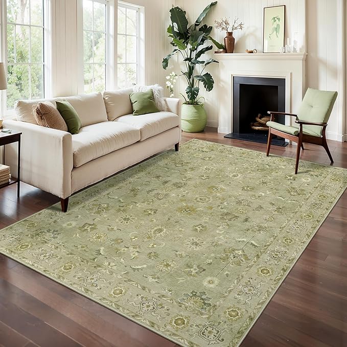 Tangsoo 5x7 Area Rug Washable Rugs for Living Room, Floral Vintage Indoor Non Slip Large Area Rugs, Print Distressed Green Carpet, Soft Low Pile Foldable Floor Rug for Bedroom Dining Room Dorm