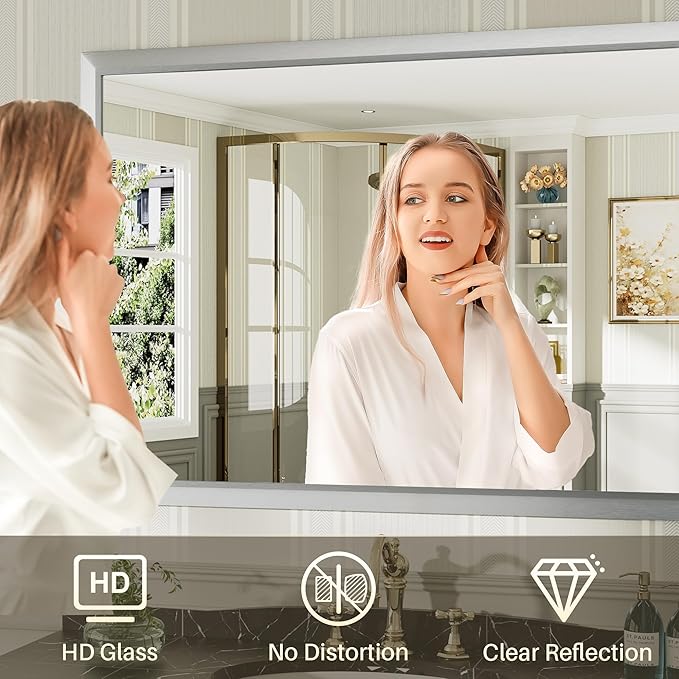 72x32 Inch Silver Bathroom Mirror for Wall, Thick Metal Framed Rectangle Mirrors for Over Sink, Bedroom, Living Room, Entryway, Anti-Rust, HD Tempered Glass