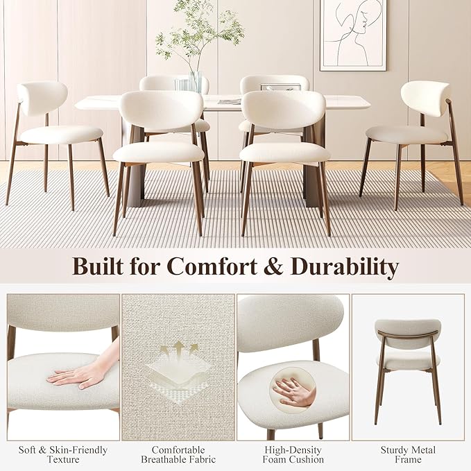 Dining Chairs Set of 6, Ergonomic Fabric Upholstered Seating with Wood Look Metal Legs and Anti Slip Pads, for Home and Restaurant Use, Beige