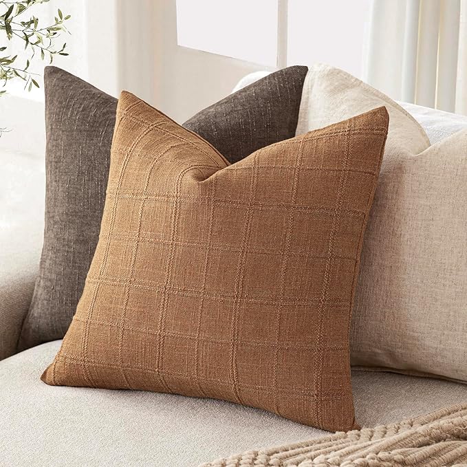 Foindtower Set of 2 Decorative Linen Check Throw Pillow Covers Neutral Farmhouse Vintage Cushion Covers Modern Boho Home Decor for Sofa Chair Couch Bedroom Living Room Outdoor,20×20 Inch,Brick