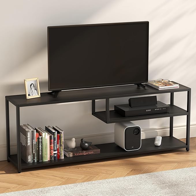 TECHMILLY Modern TV Stand for 65" TV, TV Table with Storage Shelves, Entertainment Center with Metal Frame, TV Console Table for Living Room, Bedroom, Black