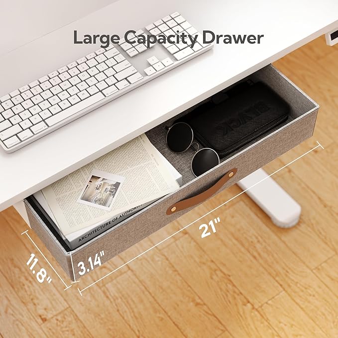 Seang Standing Desk with Drawer, 40" x 24" Height Adjustable Stand Up Desk, 3 Memory Height Settings with Cable Grommets & Storage Hooks, Ideal for Home & Office, White