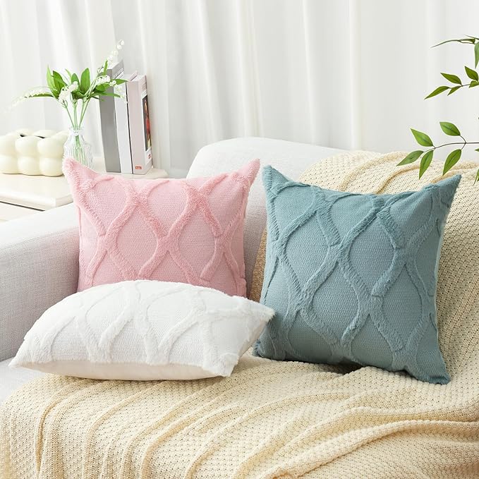 decorUhome Throw Pillow Covers 12x20 Inch Set of 2, Soft Plush Faux Fur Wool Lumbar Aqua Couch Pillow Covers, Decorative Neutral Pillow Cases for Bed Sofa Living Room Home Decor