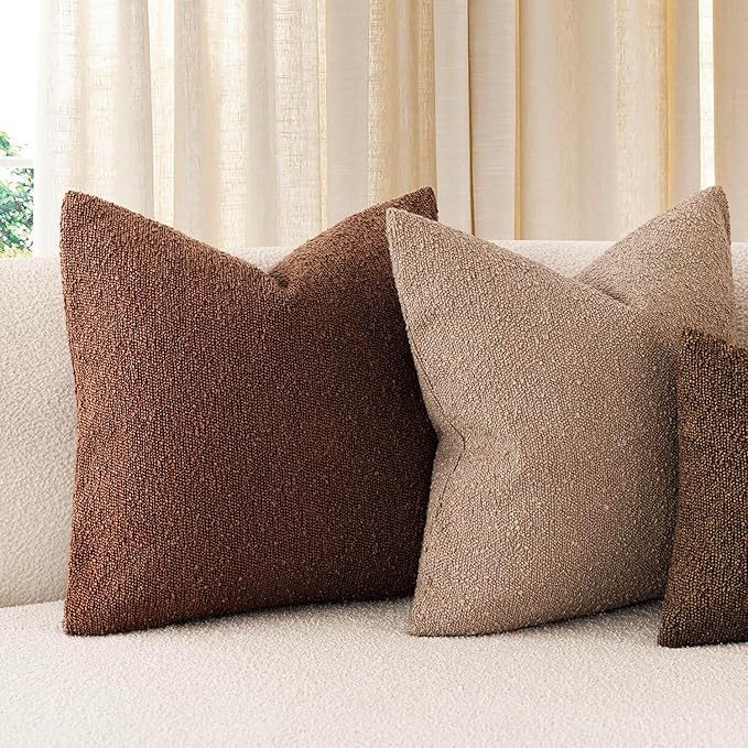 Foindtower Set of 2, Decorative Textured Boucle Throw Pillow Covers Accent Solid Pillow Cases Neutral Soft Cozy Couch Cushion Case for Chair Sofa Bedroom Living Room Home Decor 24x24 Inch Red Taupe