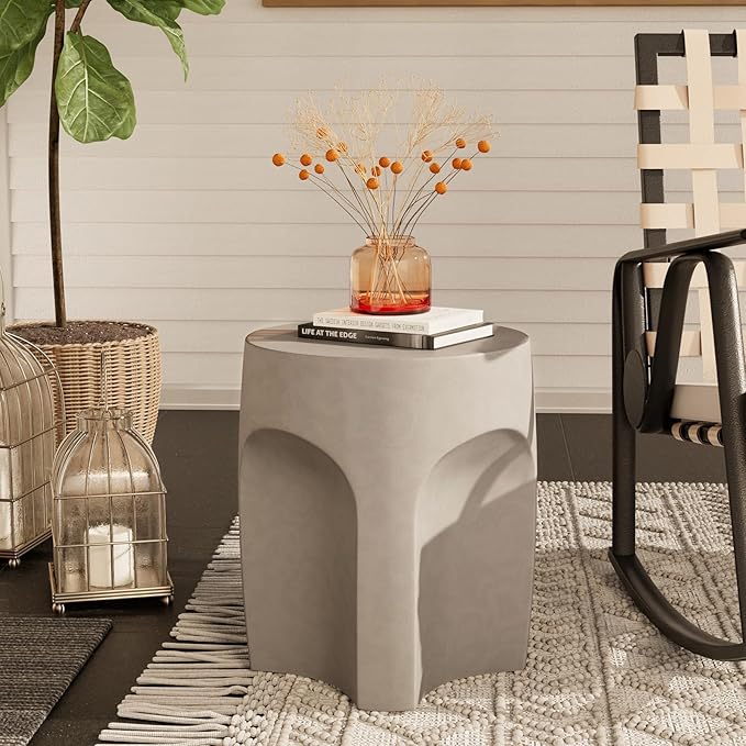 COSIEST Concrete Side Table Drum Shape,17''H Outdoor Side Table, Patio Accent Table Cement End Tables, Garden Decorative Stool, Plant Stand Drum Table, Grey