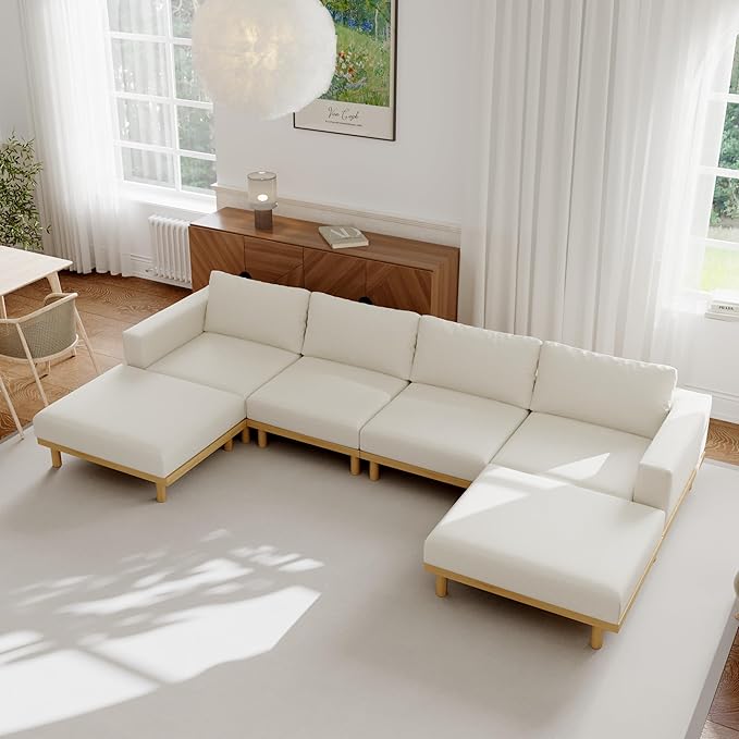 Acanva Minimalist Modular Sectional Sofa for Living Room, Wide & Deep Seat Convertible Furniture Set with Metal Frame and Movable Covers, U-Shaped Couch, Off White